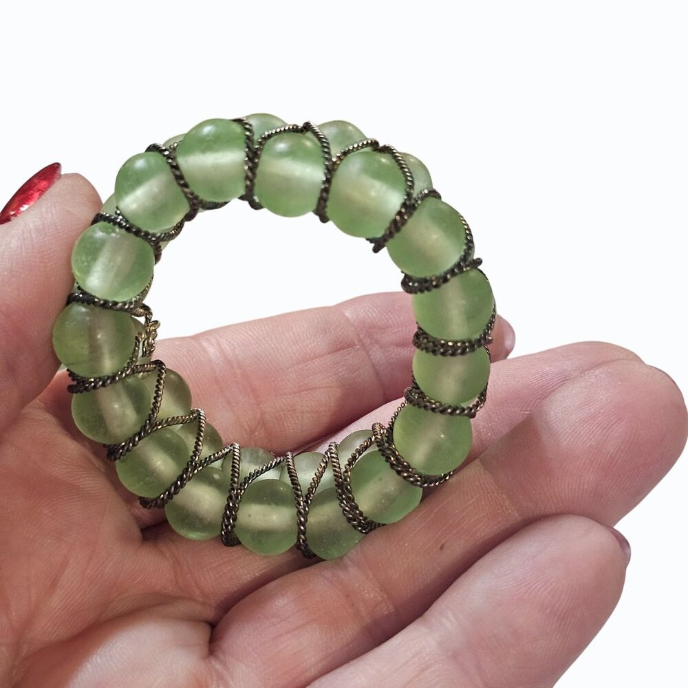Vintage Green Glass Beads and Wire 2 Inch Napkin Rings Set of 10